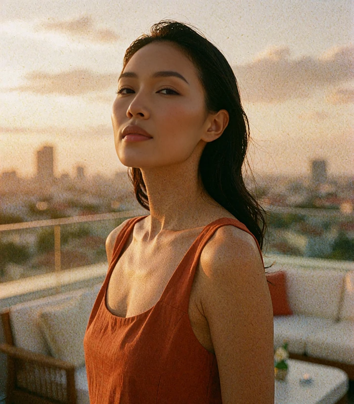 Chinese-Malaysian woman in a burnt-orange top on a rooftop lounge at dusk