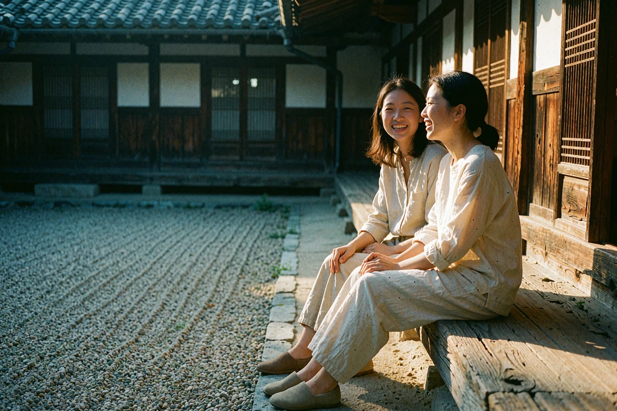 Two Asian women laughing together on the wooden step of a quiet courtyard house