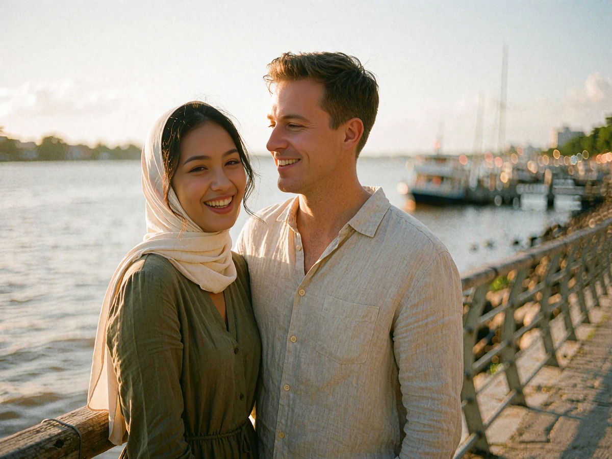 Bruneian woman and Western man smiling together on a riverside boardwalk at golden hour