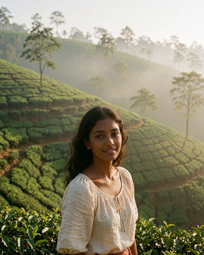 Sri Lankan woman in a cotton blouse standing before misty tea hills