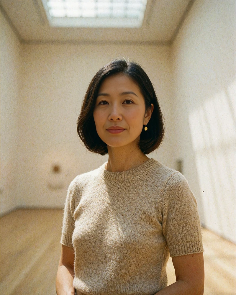 Korean woman in an oatmeal knit top inside a softly lit modern gallery