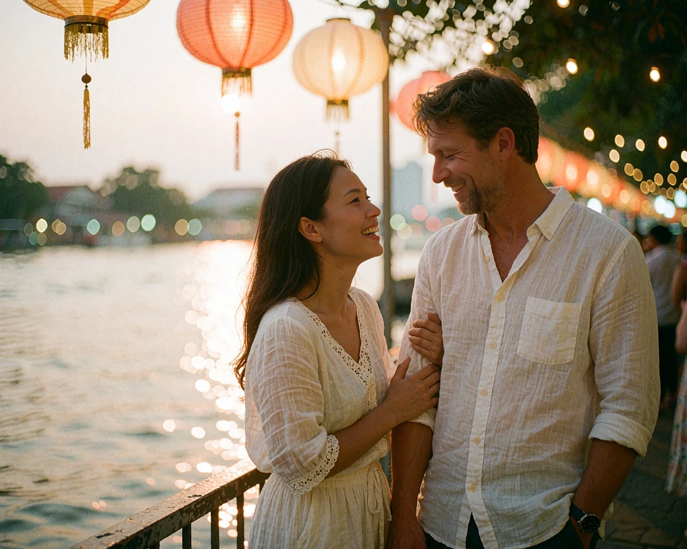 Thai woman and Western man sharing a quiet laugh on a riverside walkway with lanterns