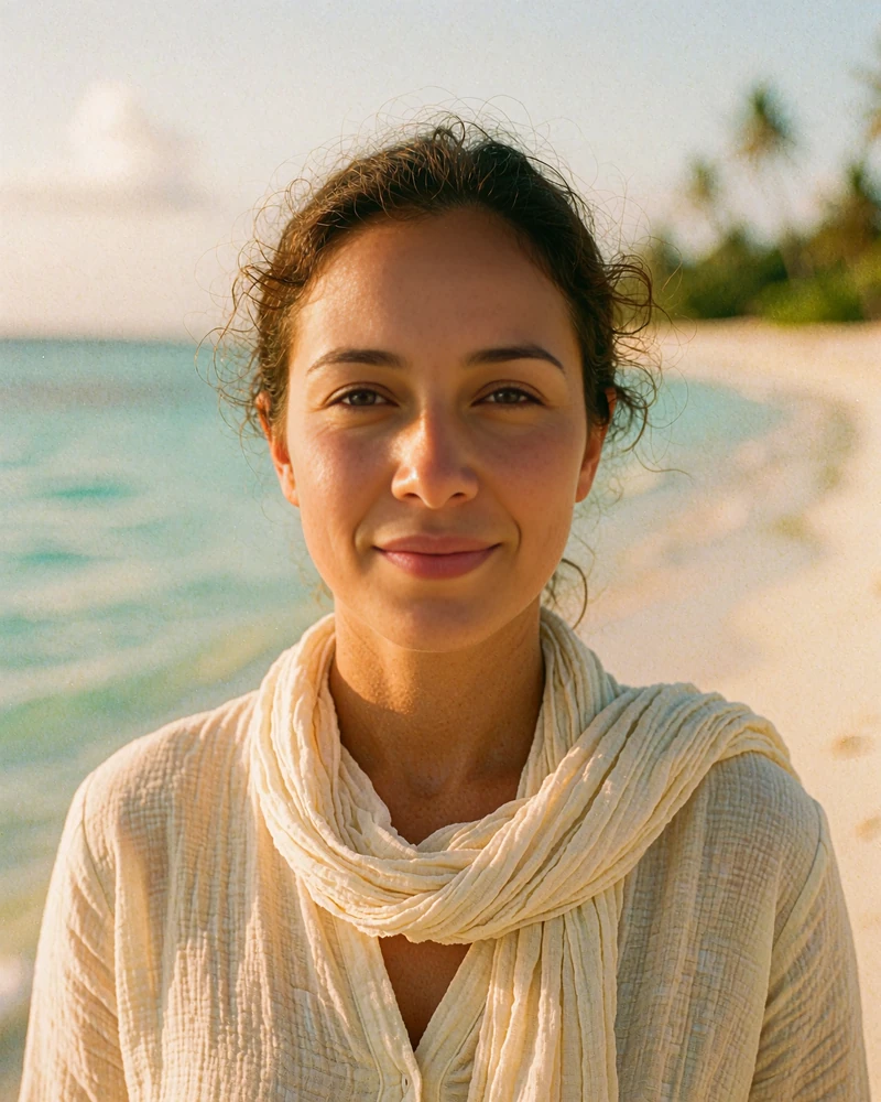 Maldivian woman in a cream tunic smiling on a pale lagoon shoreline