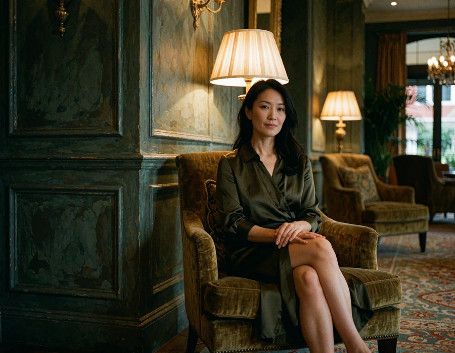 Chinese woman in a deep olive silk dress seated in an upscale hotel lobby