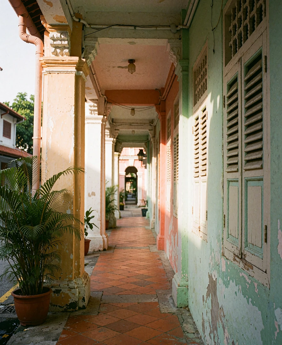 Quiet Singapore heritage shophouse lane with pastel facades, shuttered windows and covered walkway