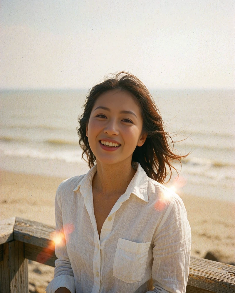 Japanese woman in a white linen shirt laughing on a bright seaside terrace