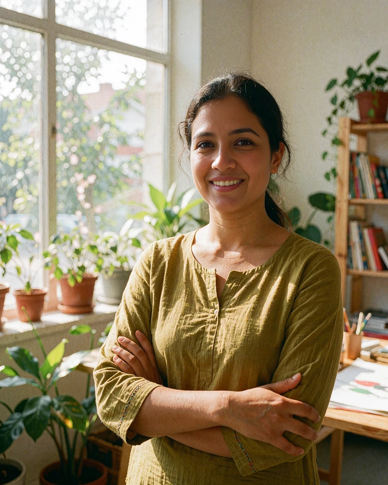 Bangladeshi woman in an olive kurta standing in a bright creative studio
