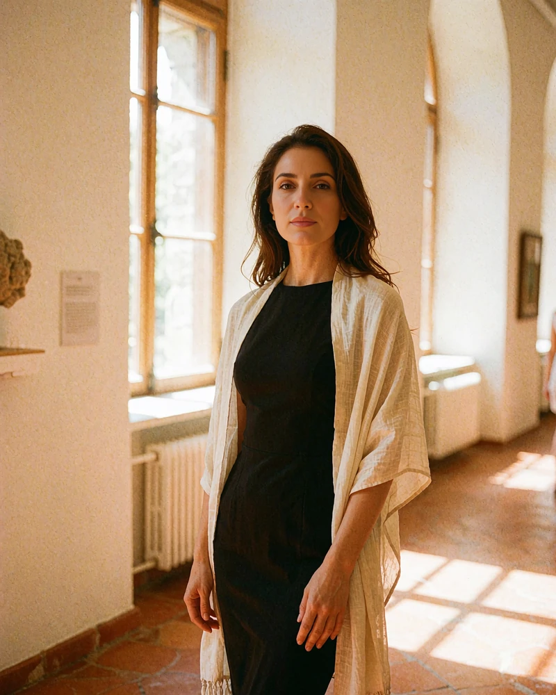Elegant Armenian woman in a museum corridor with softly blurred arched windows