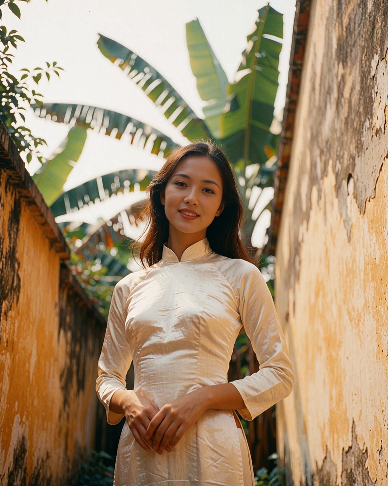 Vietnamese woman in a pale silk áo dài standing in a leafy ochre courtyard